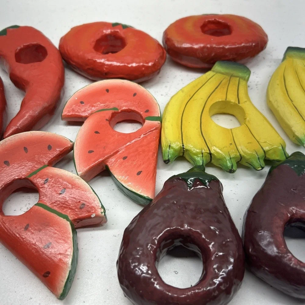 Vintage Wooden Fruit Napkin Rings Set 10 Watermelon‎ Hand Painted 1970's